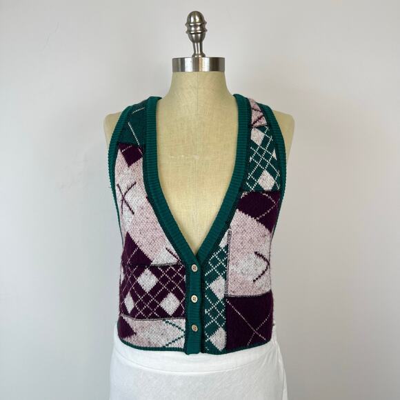 Free People Camilla Button Down Vest Plum Pine Combo Argyle Plaid Print (Sz S) - Picture 5 of 10